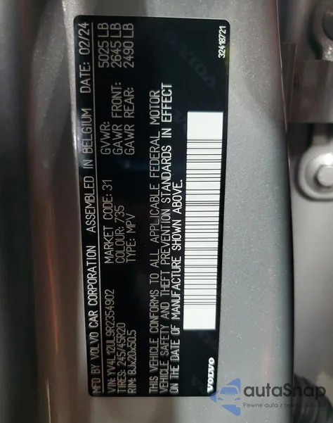2024 Volvo Xc40 Plus z USA, uszkodzony, nr VIN YV4L12UL9R2354902